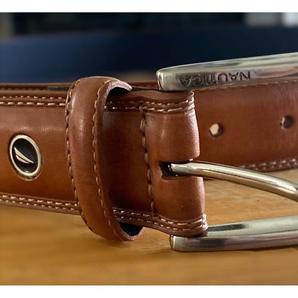 Nautica Mens Double Stitch Leather Belt Size 40 Cognac - Picture 2 of 4